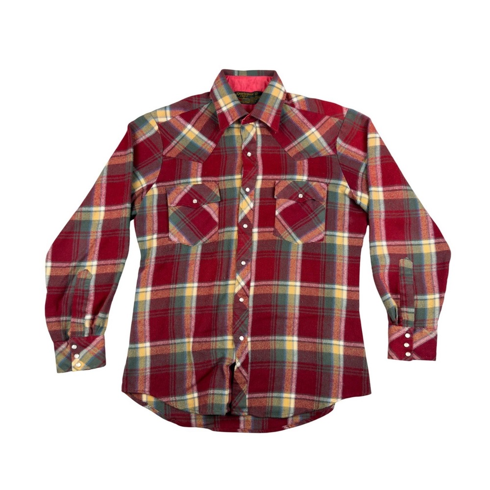 Vtg 70s K-Mart Sportsman Men's M Red Plaid Pearl Snap Western Flannel Shirt
